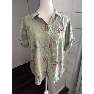 Kindred Shirt Womens 3X‎ Embroidered Floral Paisley Short Sleeve Button Up Top